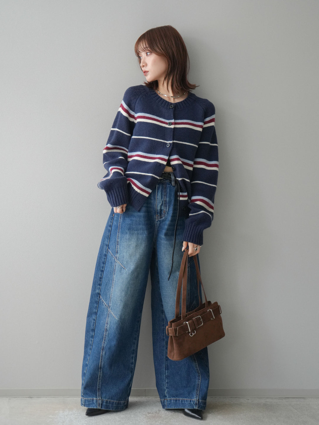 [SET]ランダムボーダーニットカーディガン+デザインステッチカーブデニムパンツ(2set)