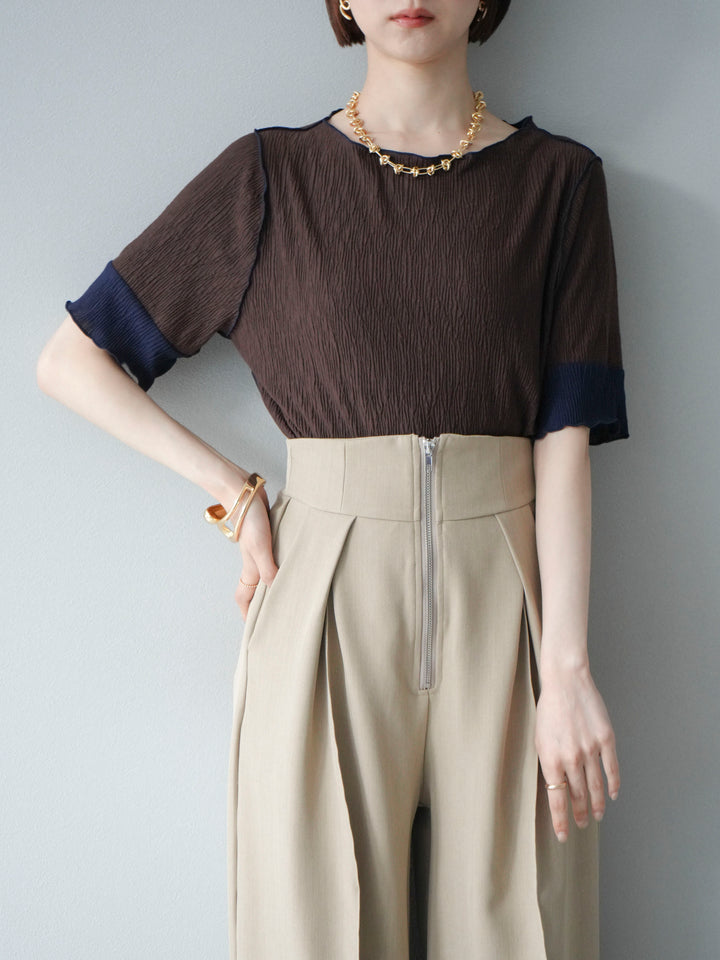 [SET] 百褶同色船領套頭衫 + 拉鍊褶襉寬褲 (2 套)