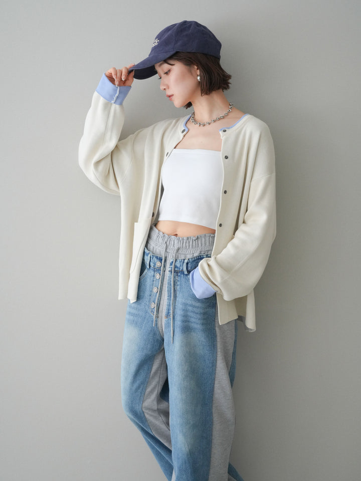 [SET]バイカラーオーバーニットカーディガン+デニム切替スウェットパンツ(2set)