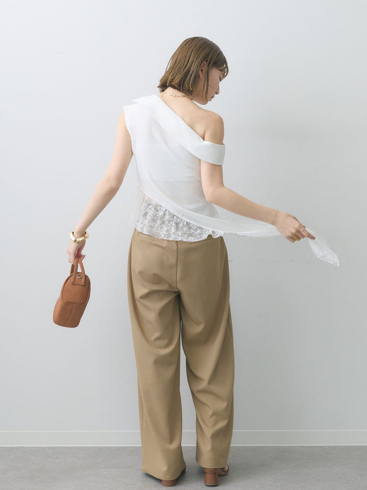 [SET]アシンメトリーラッフルレースヘムトップス+クレープデシンタックワイドパンツ(2set)