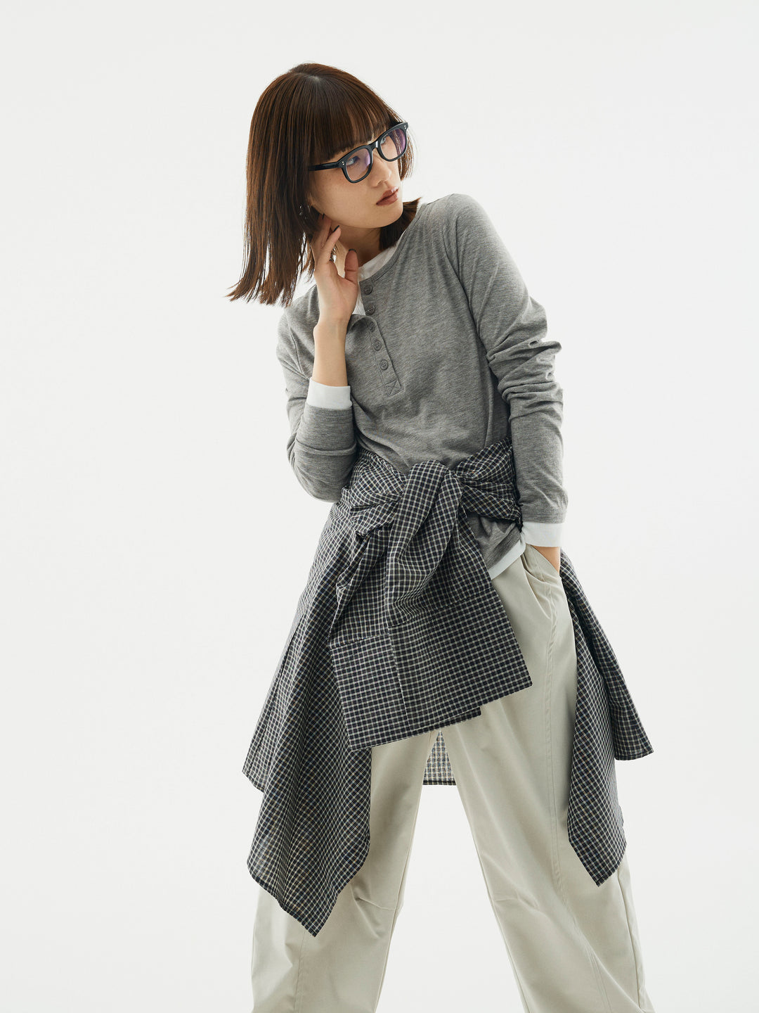 【Allure】[SET]配色レイヤードヘンリーネックトップス+タフタワイドカーブパンツ+チェックBIGカフスオーバーシャツ(3set)