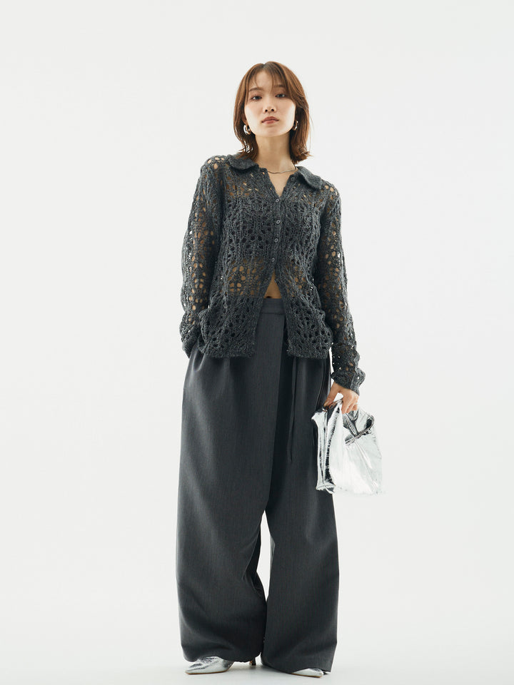 [予約]ローゲージ透かし編みポロニッカーディガン/チャコール