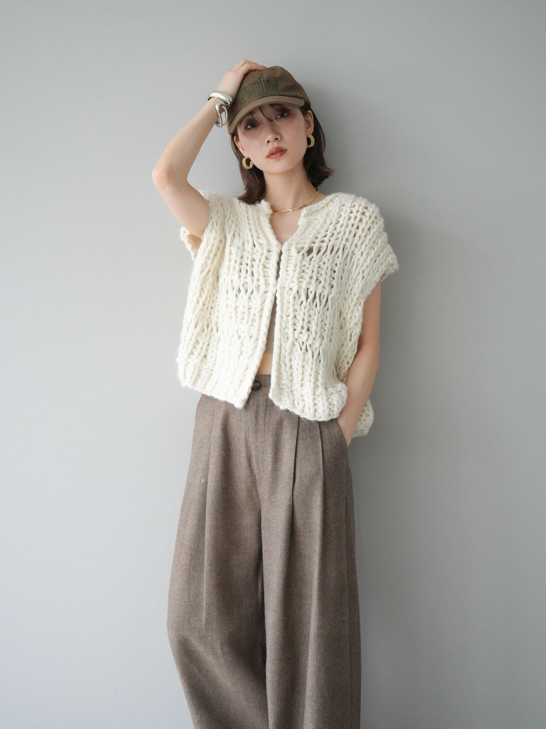[SET] 手編繩結背心+粗花呢觸感褶皺寬褲（2件組）