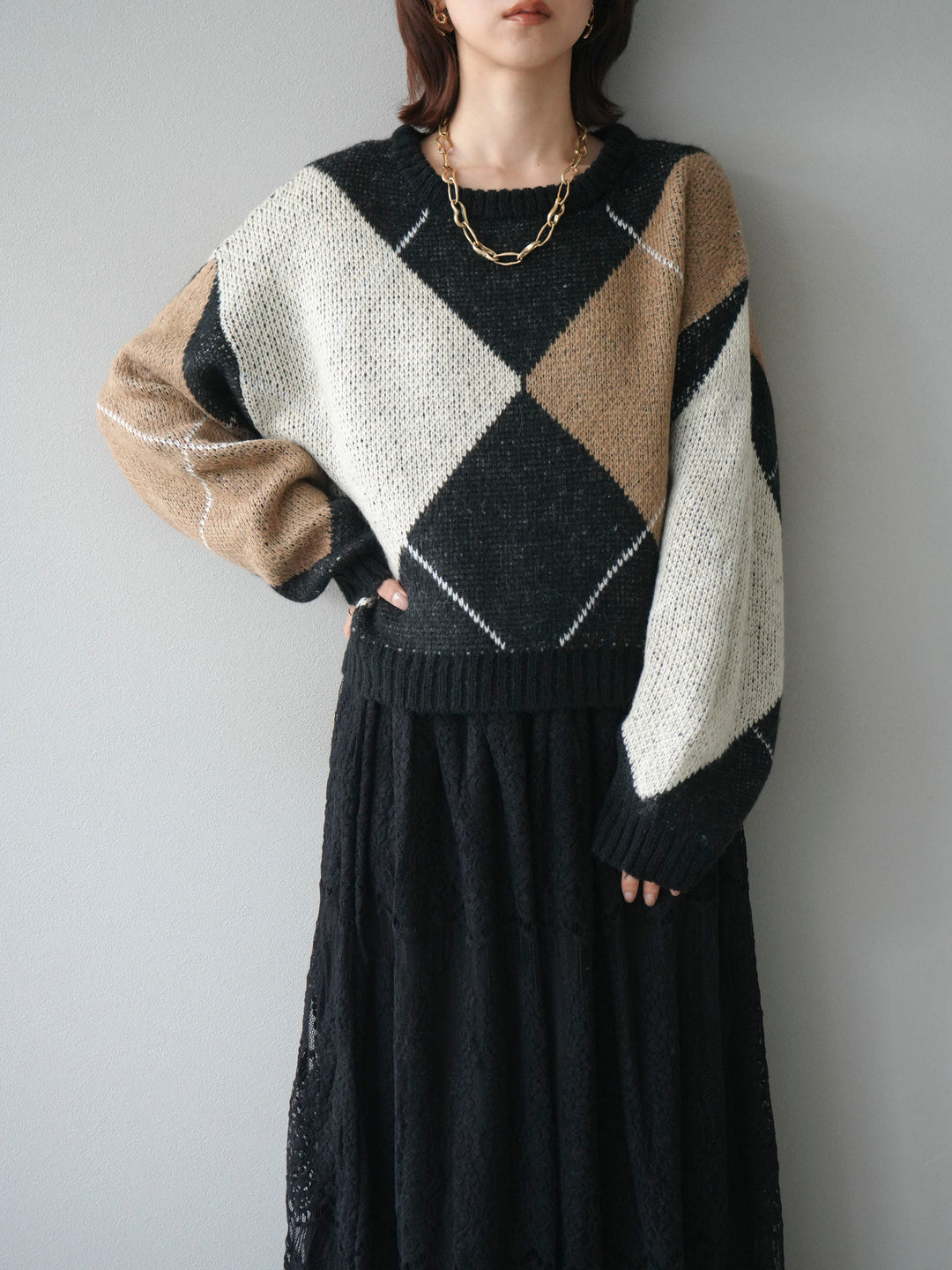 [SET]配色ステッチアーガイル柄ニットプルオーバー+ヴィンテージライクメッシュレーススカート(2set)