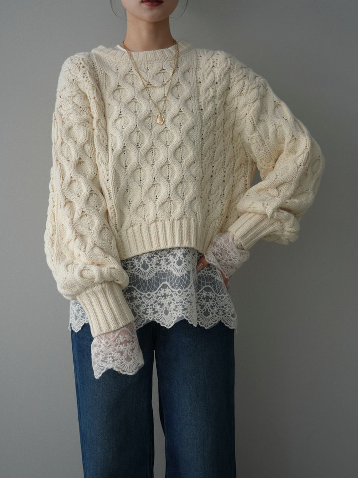 【着回しセット】[SET]バルキーケーブルクロップドニットプルオーバー+アンゴラタッチクルーネックニットプルオーバー+チュールレーストップス(3set)