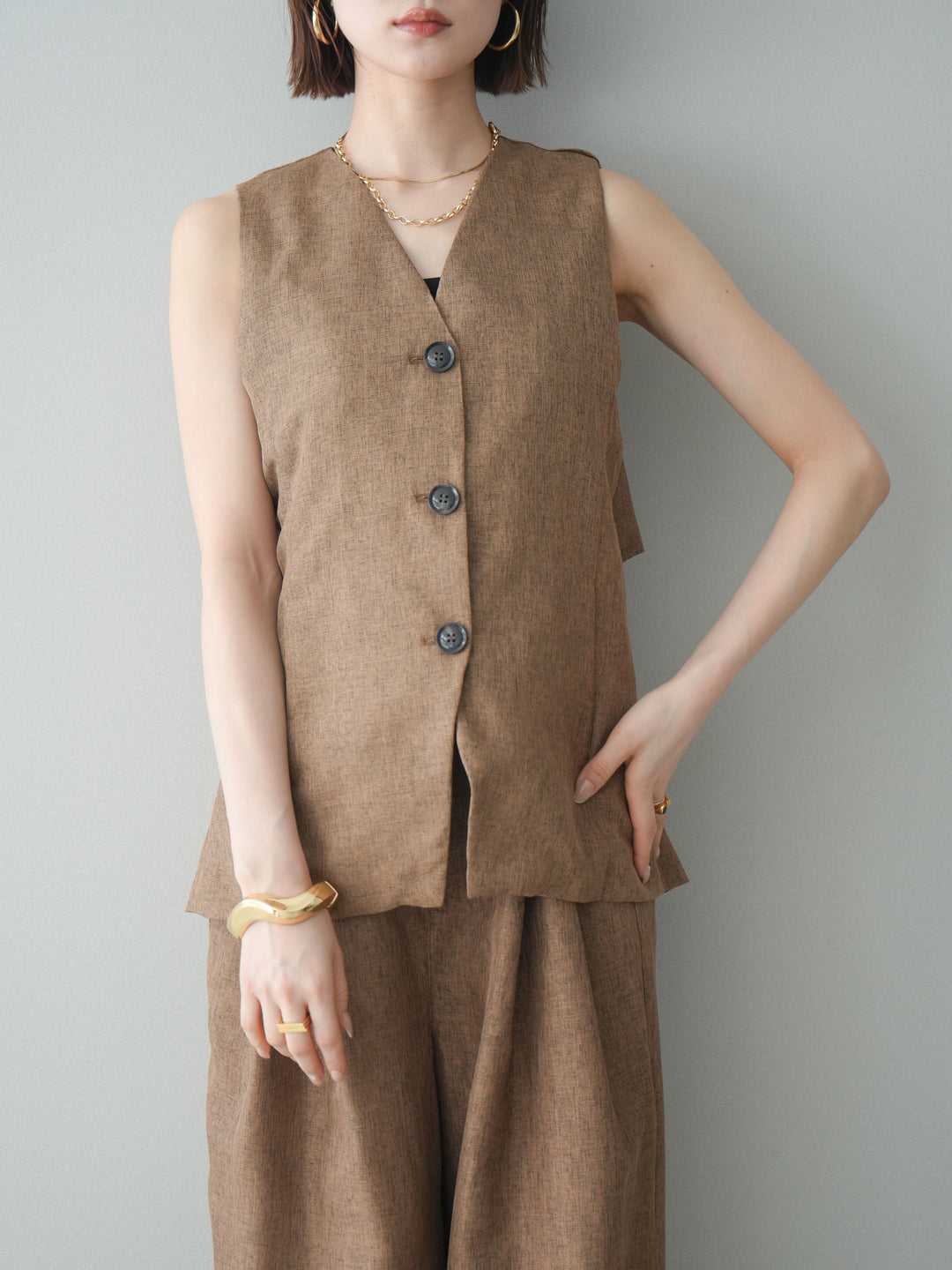 [SET]リネンライクバックオープンジレ+リネンライクタックワイドパンツ(2set)