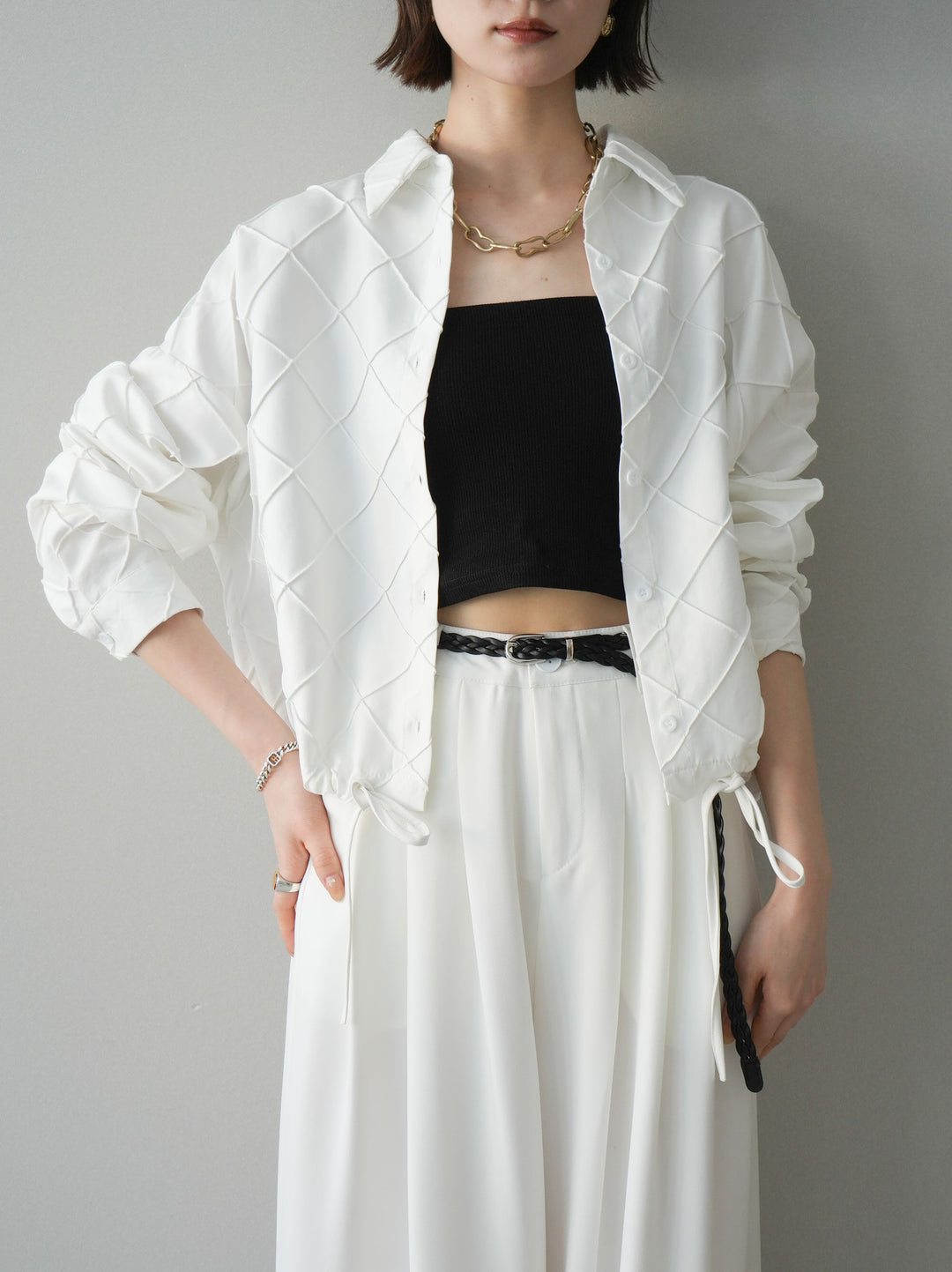 [SET]パイピングクロスデザインブラウス+編み込みベルト付タックワイドパンツ(2set)