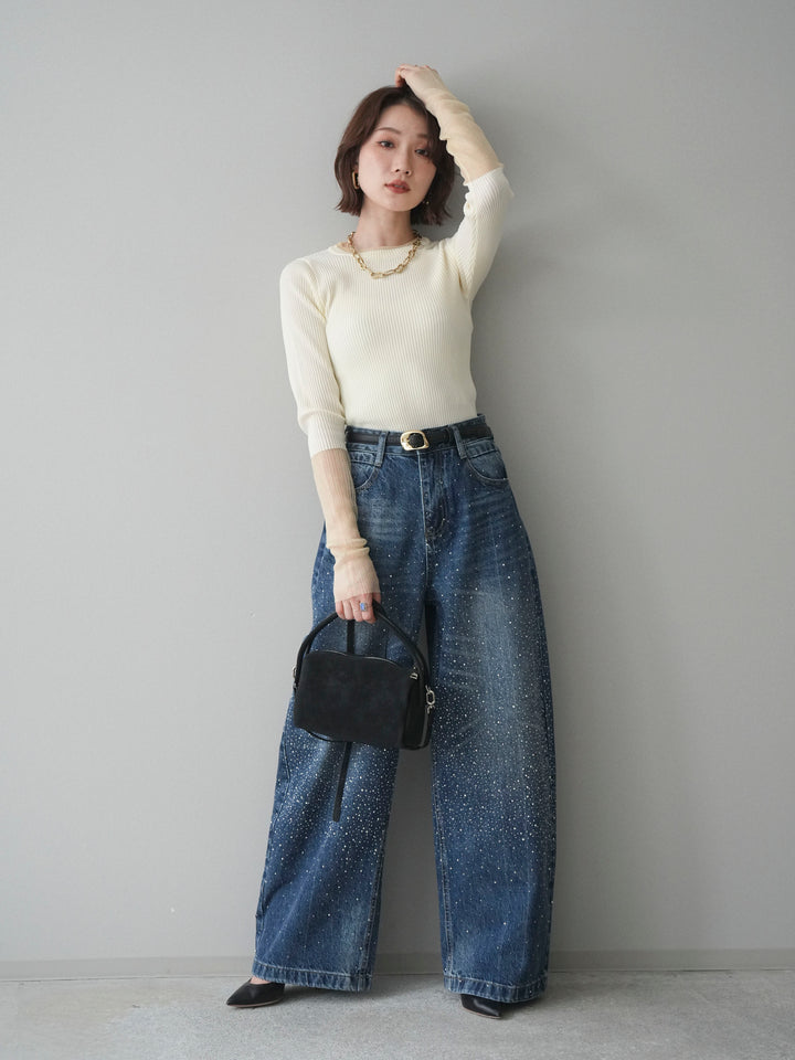 [SET]リブラメシアー切替リブニットトップス+ラインストーンカーブデニムパンツ(2set)