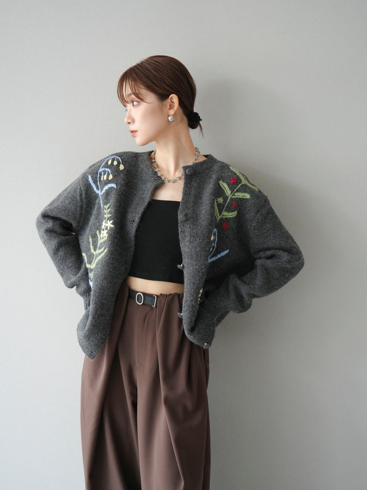 [SET]フラワー刺繍ニットカーディガン+ベルト付タックワイドパンツ(2set)
