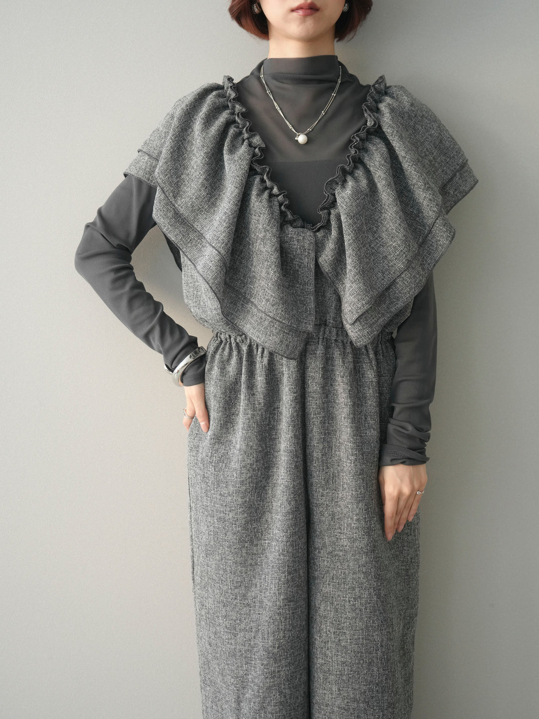 [SET]3WAYミックスツイードギャザーオールインワン+シアープチネックストレッチトップス(2set)