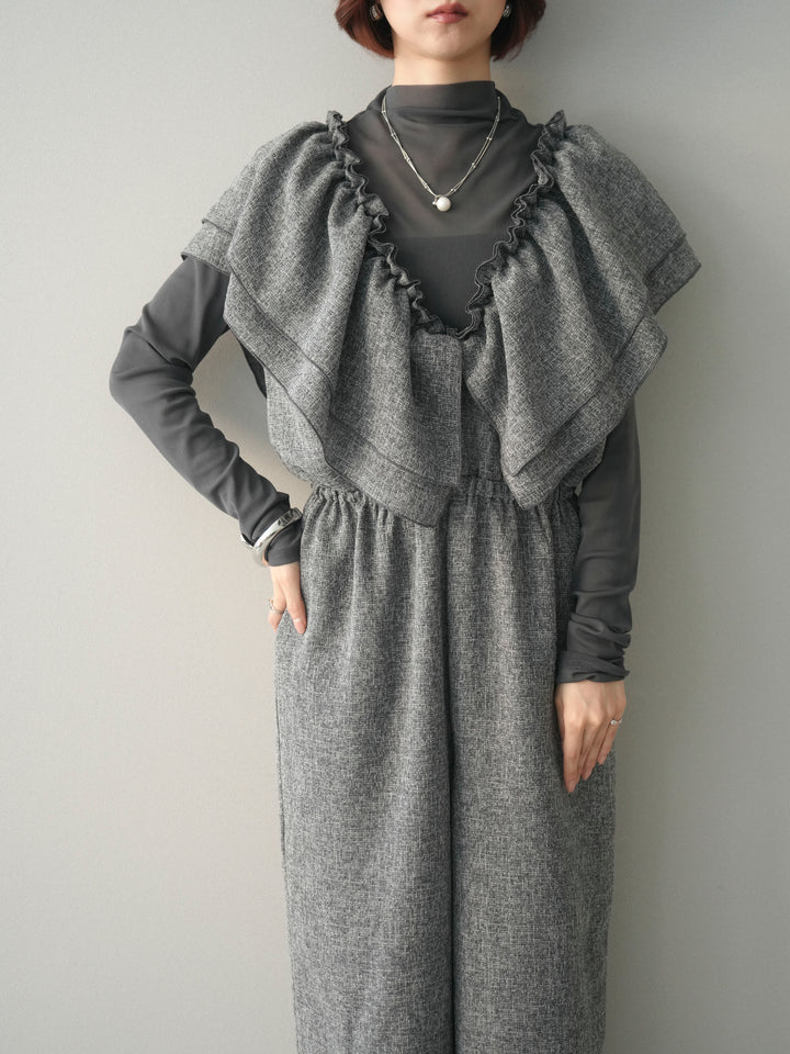 [SET]3WAYミックスツイードギャザーオールインワン+シアープチネックストレッチトップス(2set)