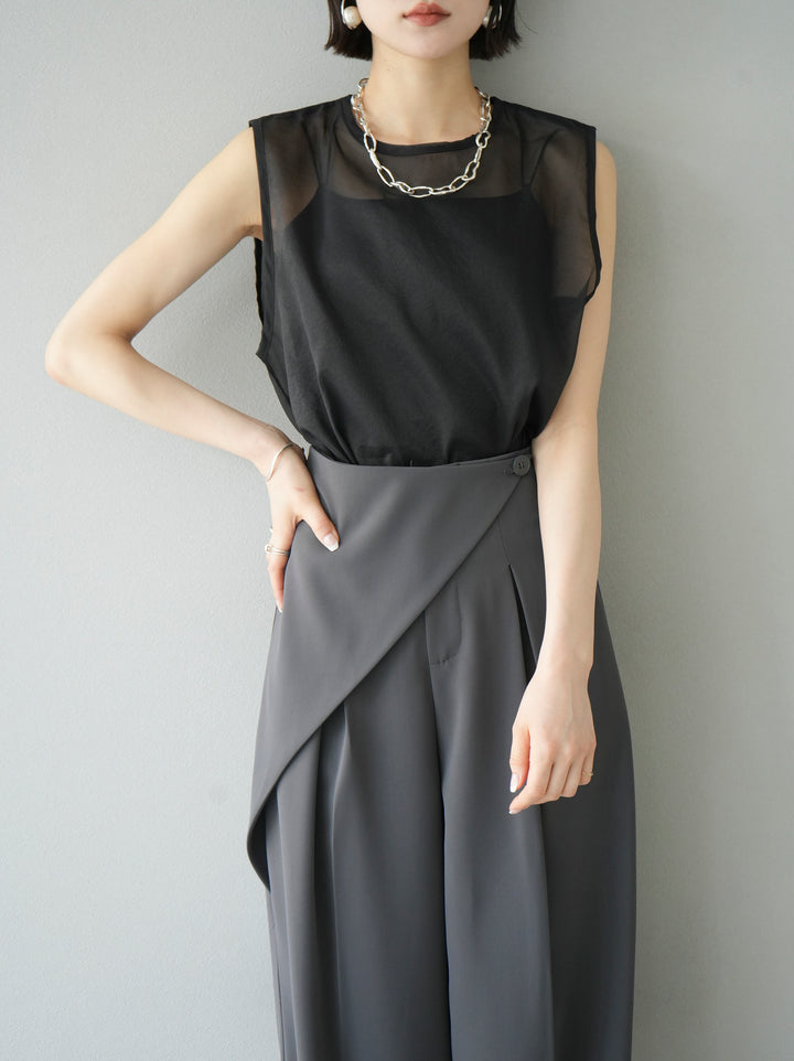 [SET] Organza sleeveless top + wrap wide pants (2set)