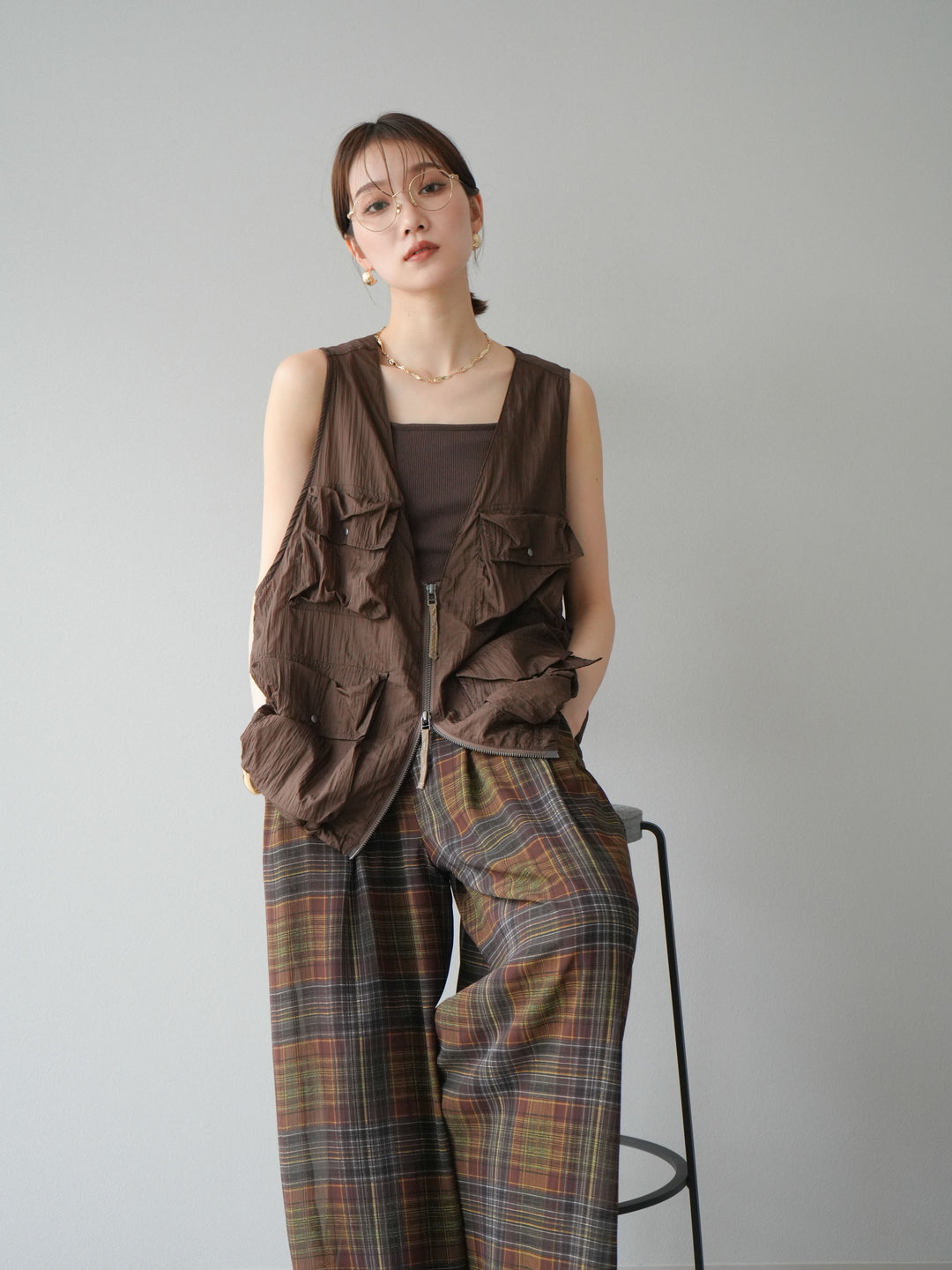 [SET] 透視格紋寬鬆褲 + 透視格紋寬鬆褲 (2set)