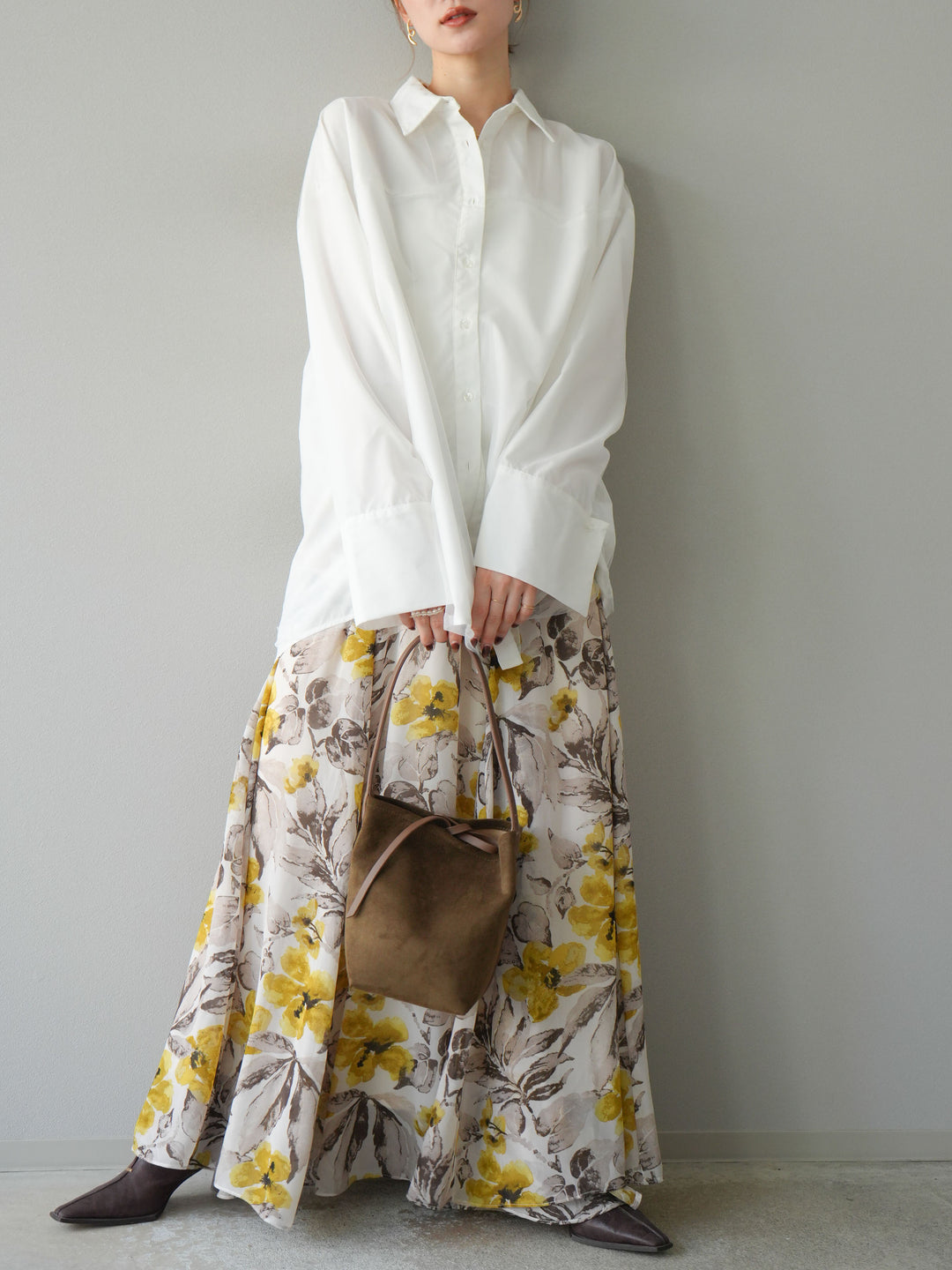 [予約]フラワープリントボリュームフレアスカート/イエロー