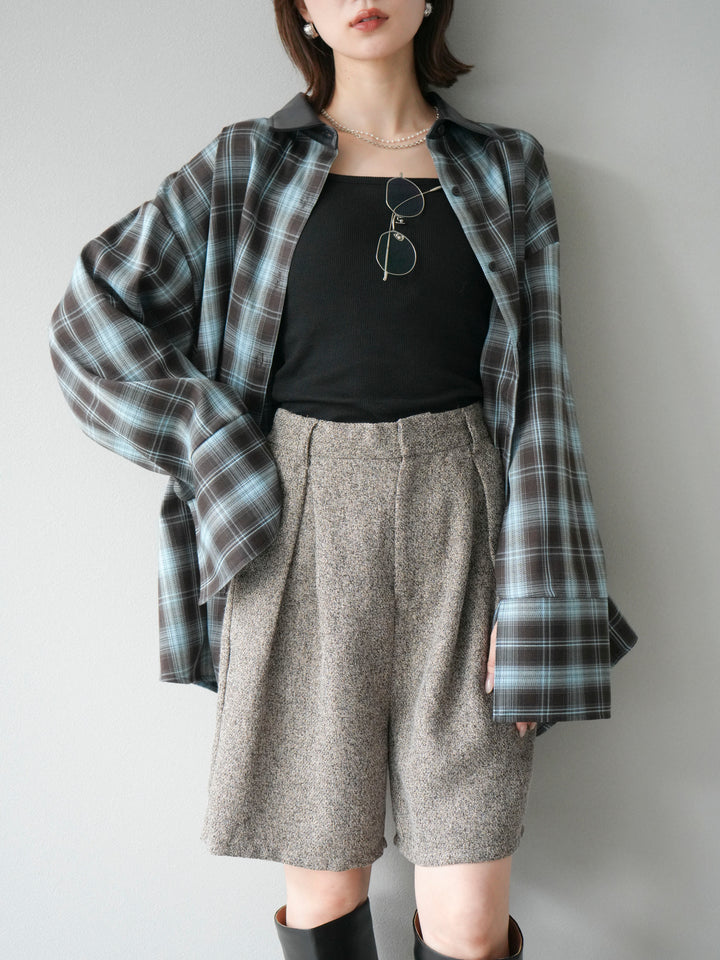 [SET]レザー襟オンブレチェックオーバーシャツ +ツイードハーフパンツ(2set)