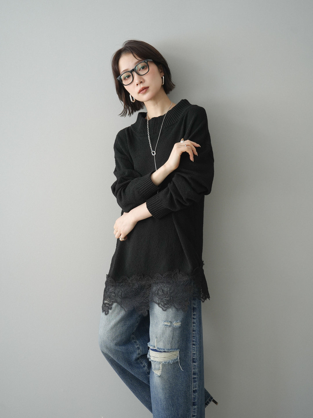 [SET]アシンメトリーレースヘムニットプルオーバー+選べるアクセセット(2set)