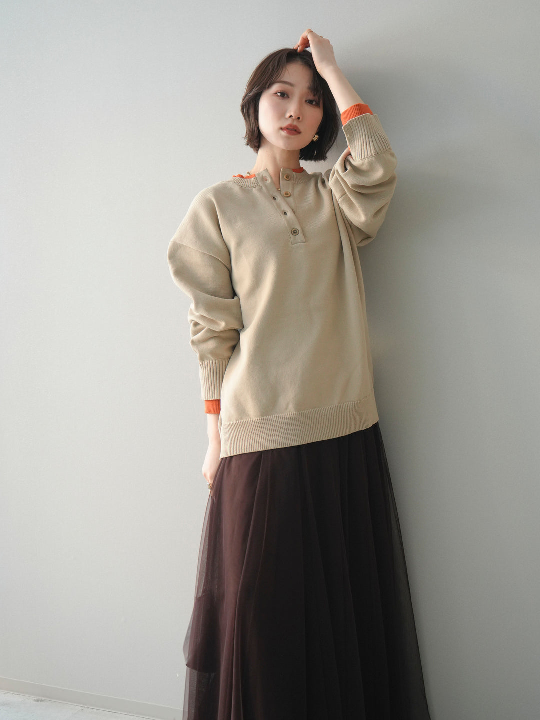 [予約]2WAYネック配色レイヤードニットプルオーバー/beige