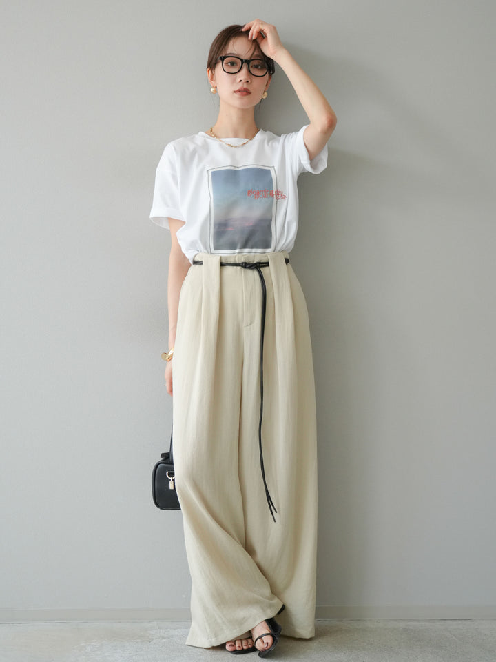 【預購】繩紋設計腰帶亞麻觸感寬褲/米色