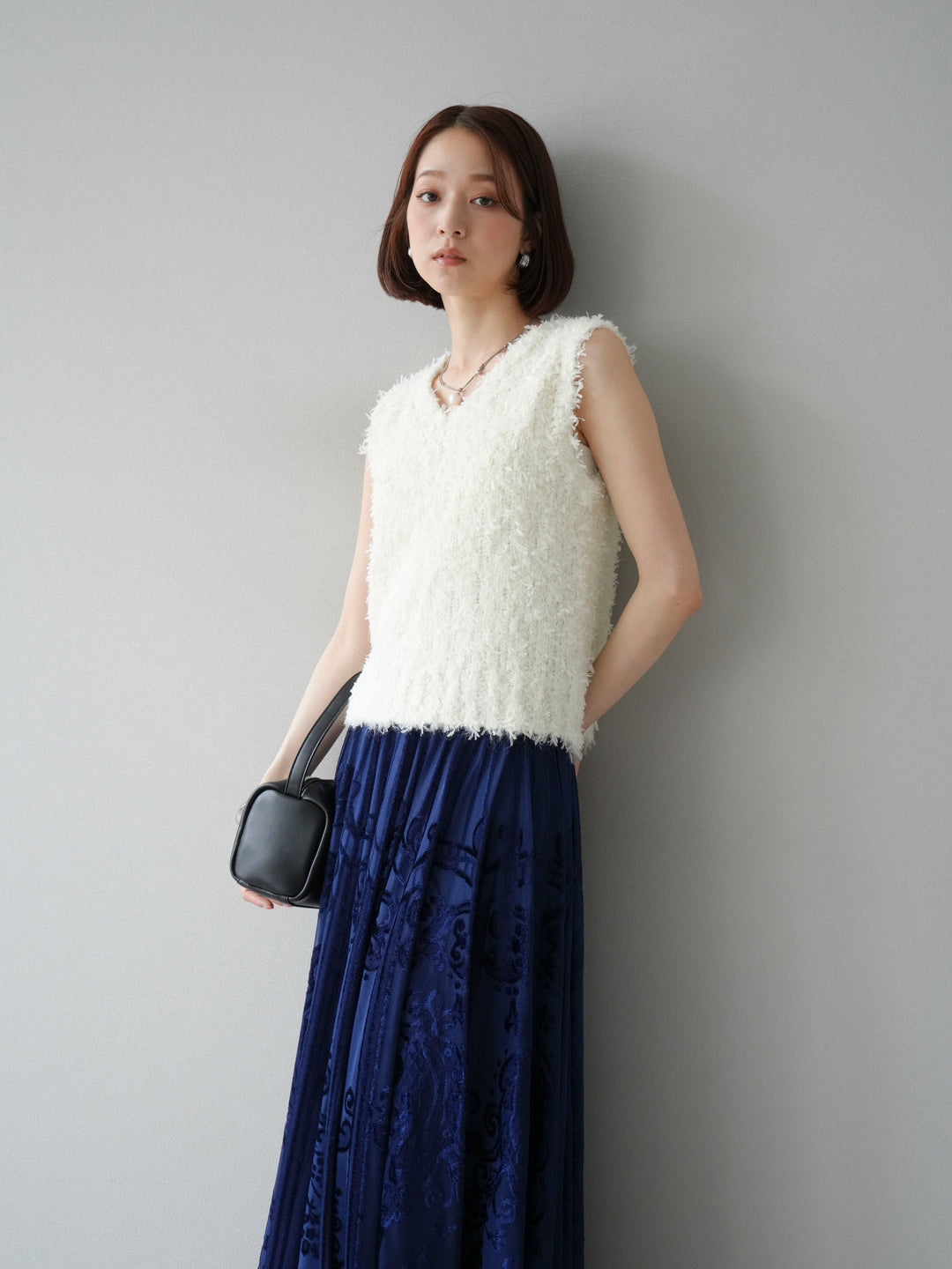 [SET]テープヤーンフリンジニットベスト+アンティーク柄フロッキーマキシスカート(2set)