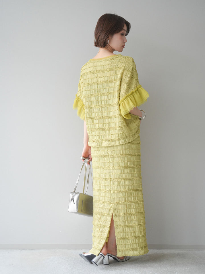 [SET]チュール袖リップルトップス+リップルIラインスカート(2set)
