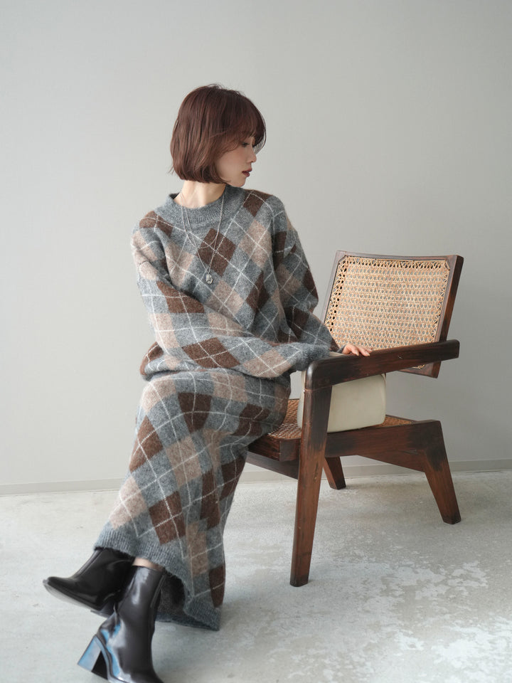 [SET]アーガイルニットプルオーバー&ロングスカートSET UP(2set)