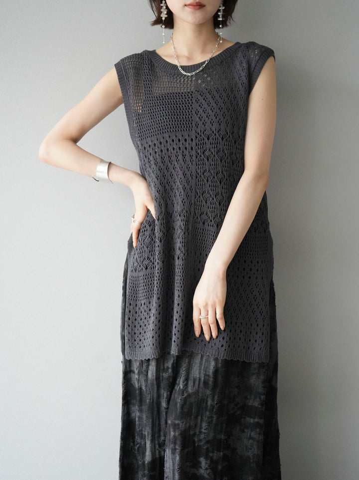 [Pre-order] Openwork side slit knit top/charcoal