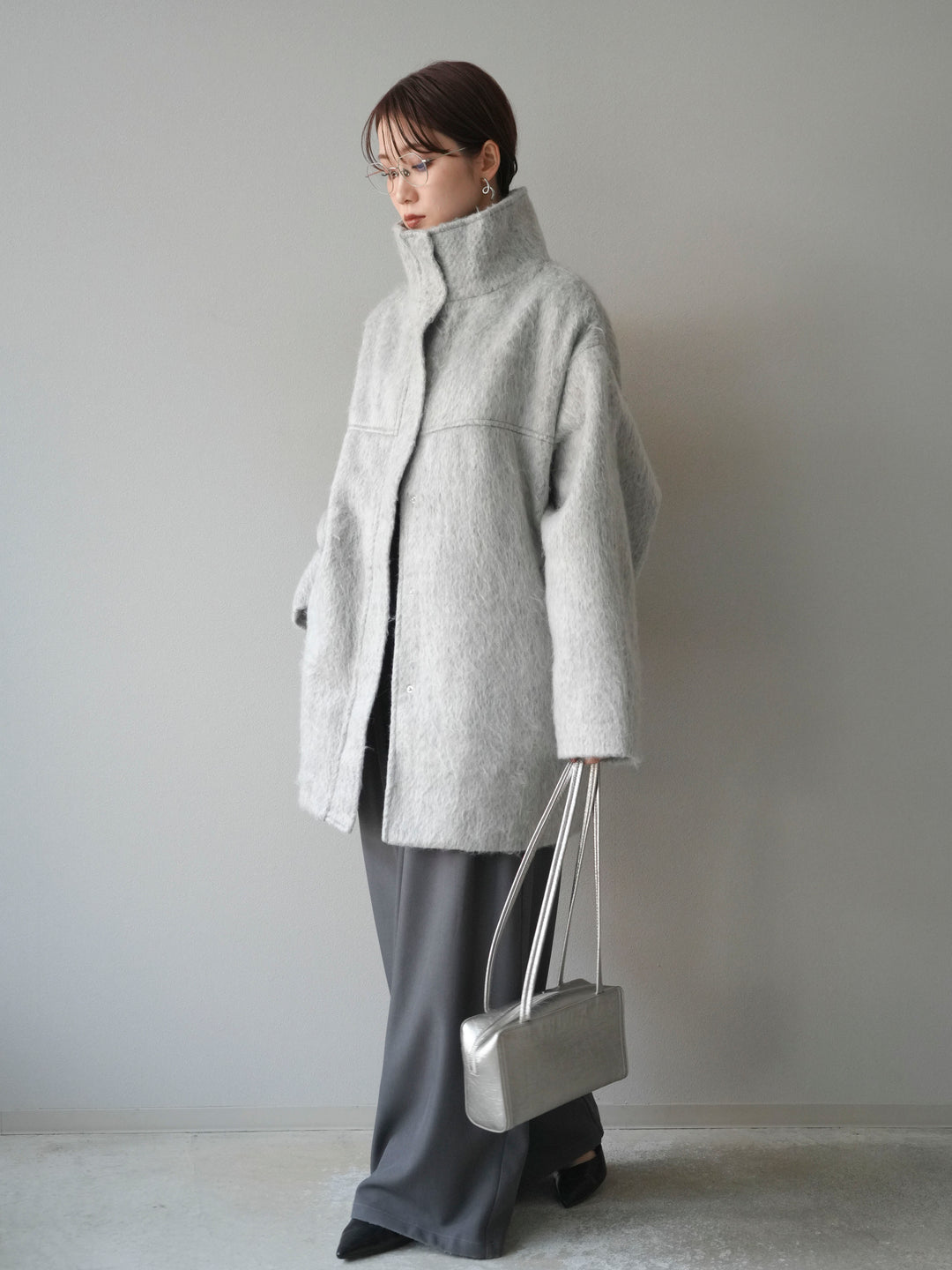 [予約]スタンドカラーシャギーコート/mokugray