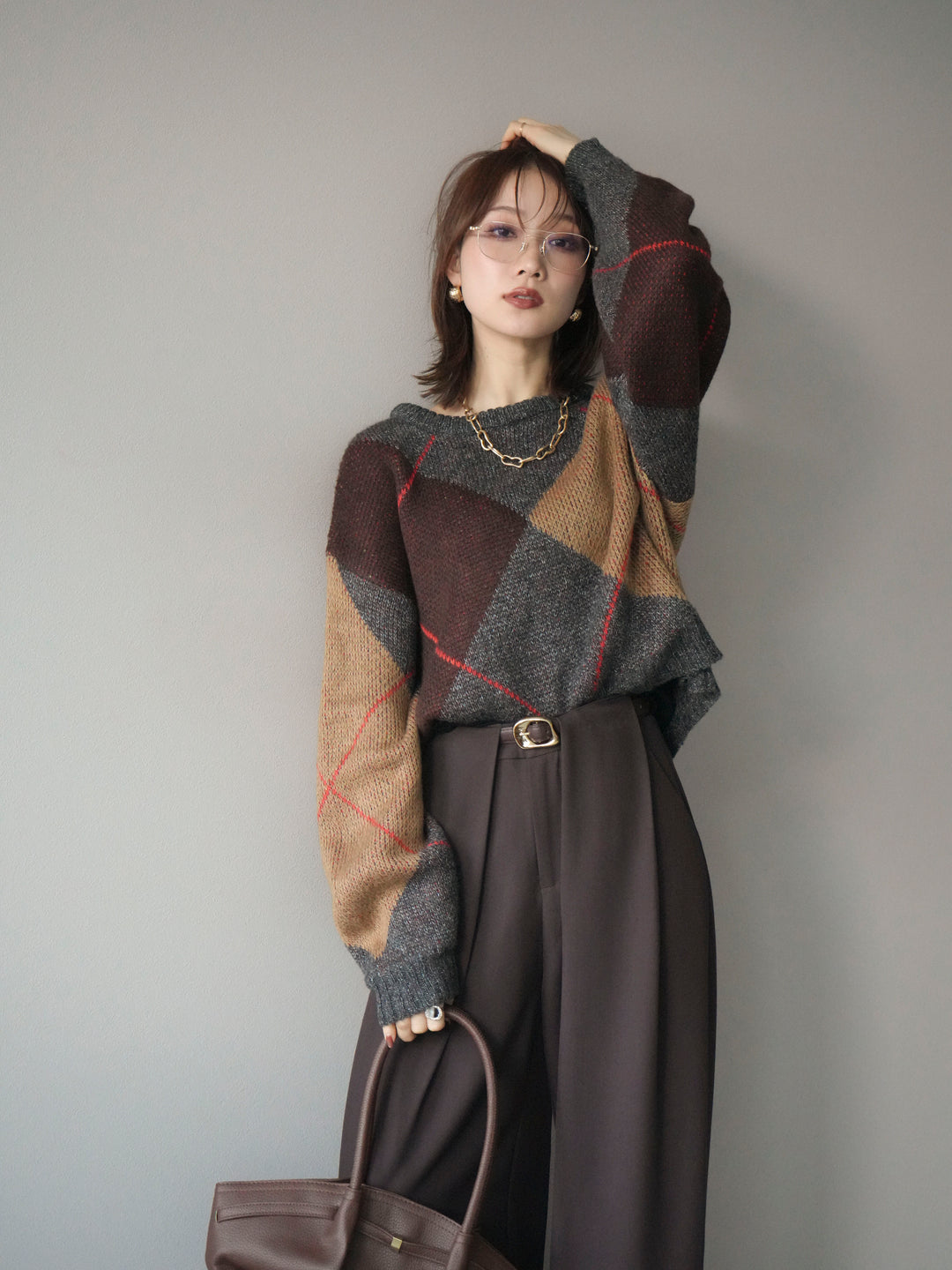 [予約]配色ステッチアーガイル柄ニットプルオーバー/charcoal