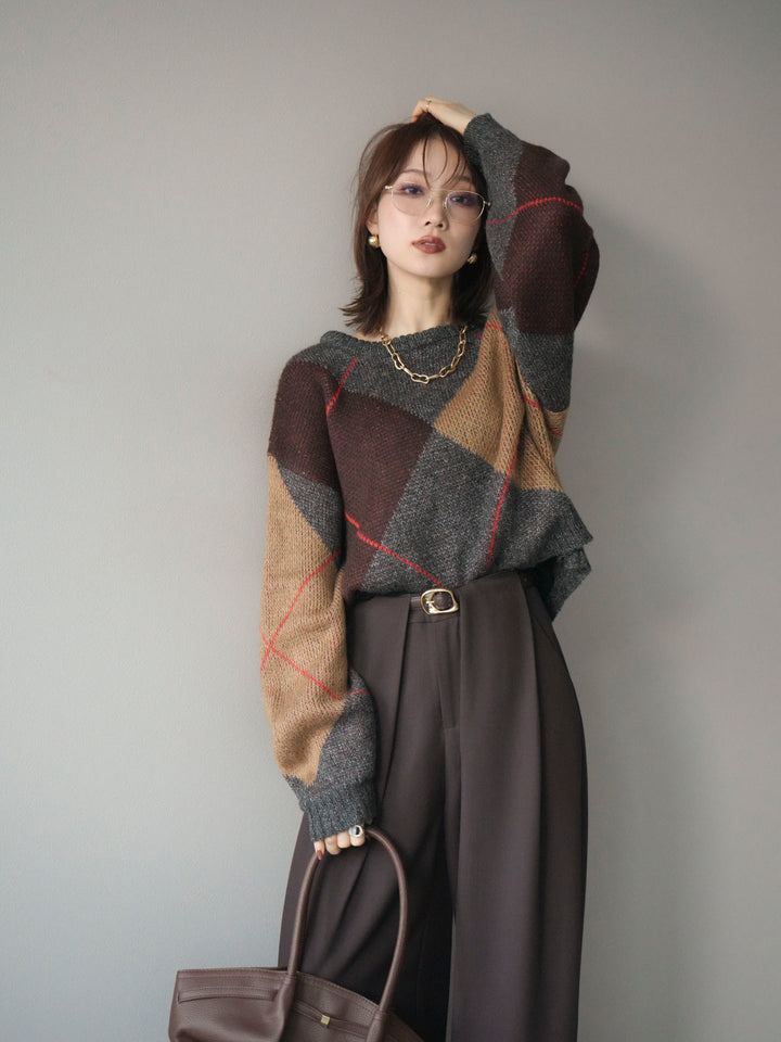 [予約]配色ステッチアーガイル柄ニットプルオーバー/charcoal