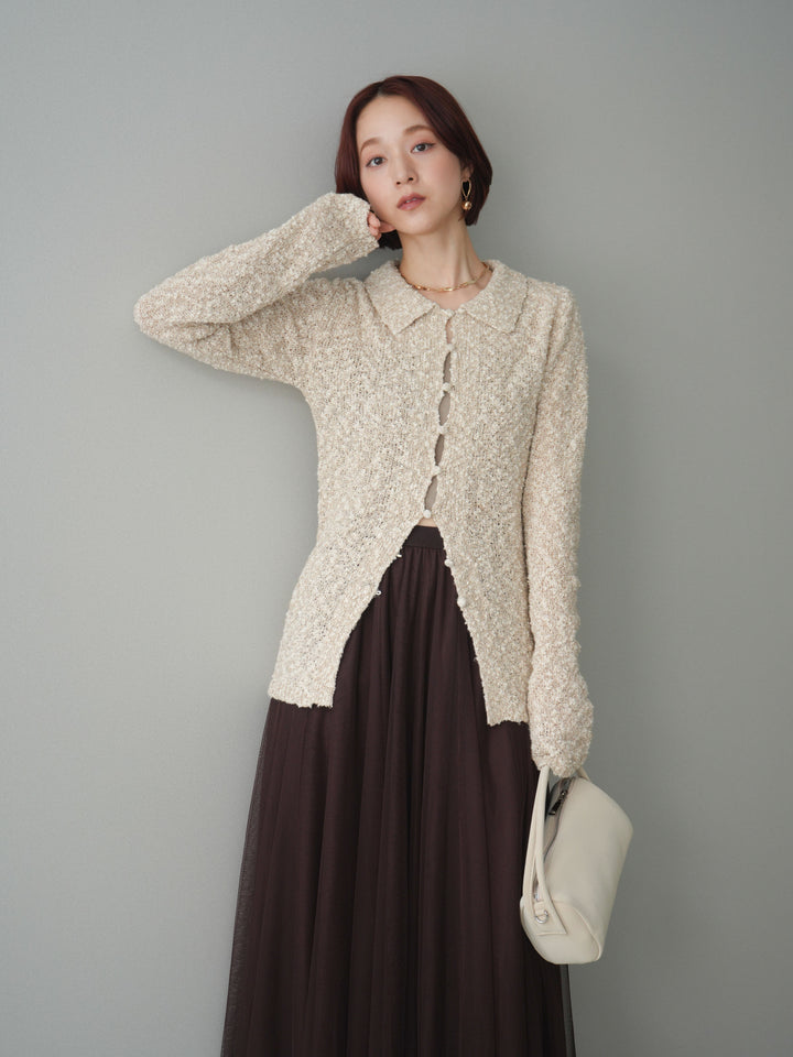 [予約]透かし編みブークレポロニットトップス/beige