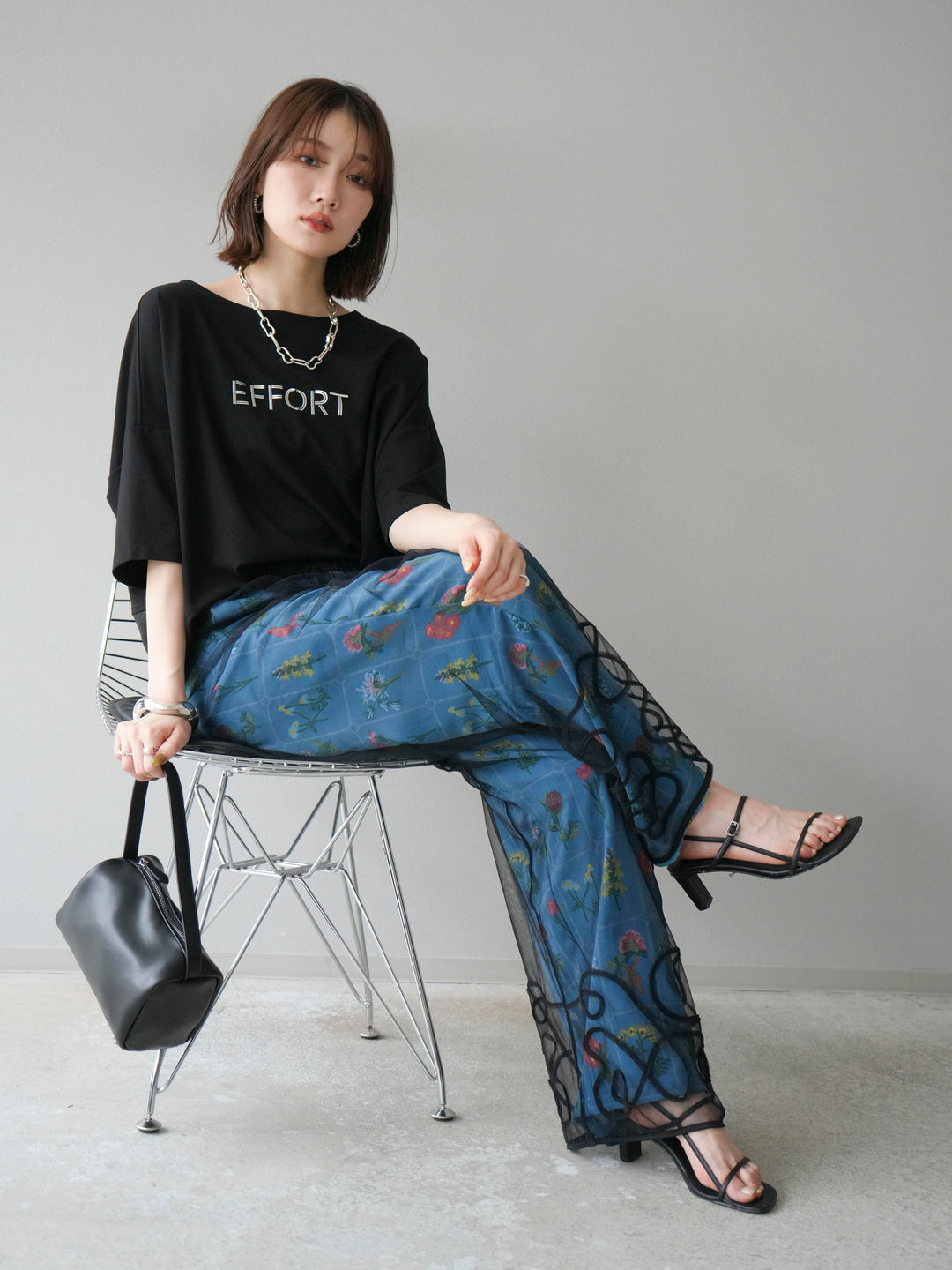 [予約]異素材メタリックロゴ刺繍×プリントTシャツ/ブラック