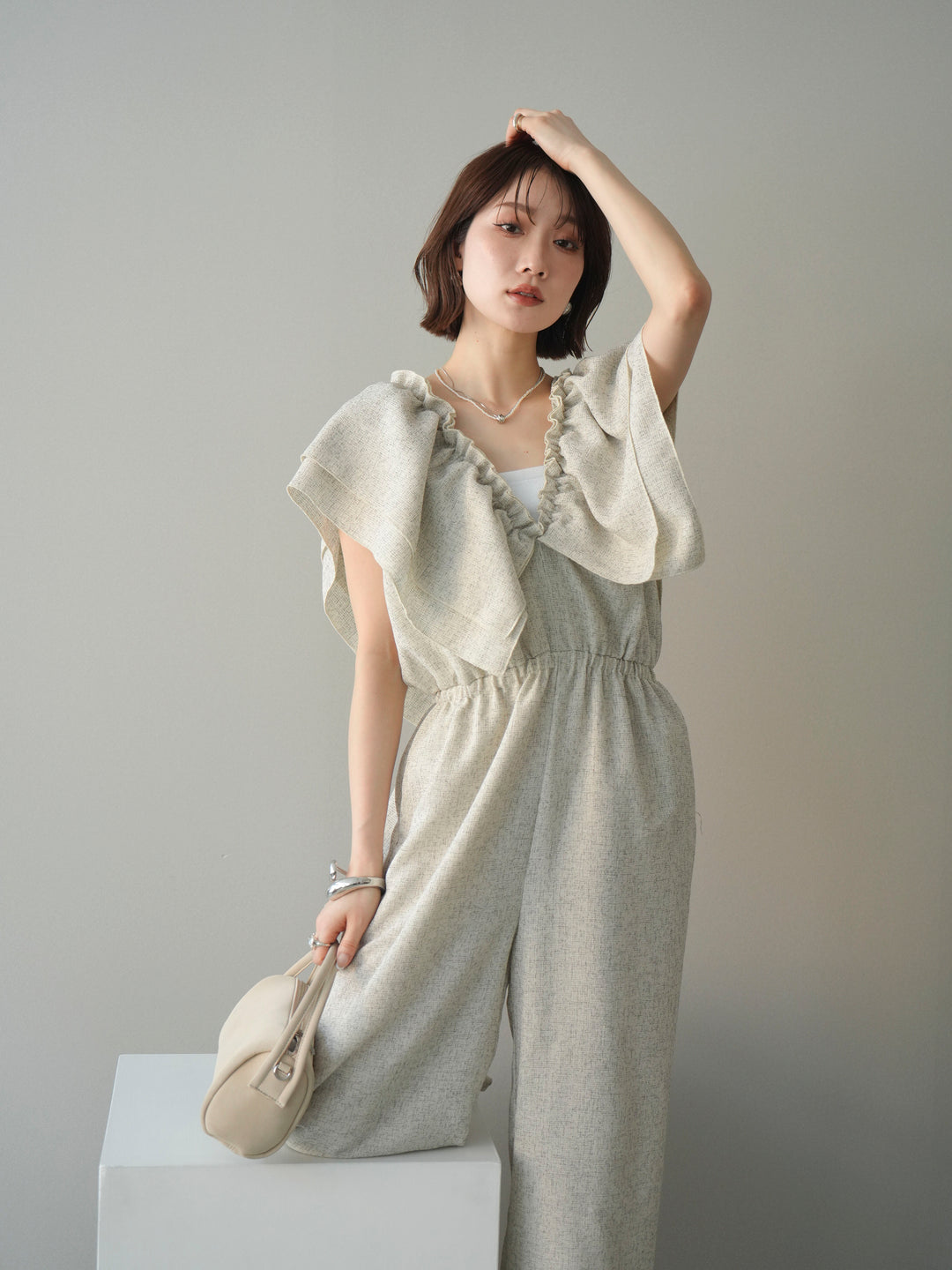 [SET]3WAYミックスツイードギャザーオールインワン+選べるアクセセット(2set)