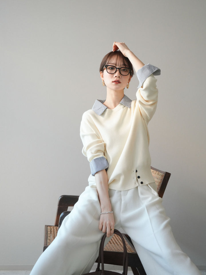 [SET]シャツドッキングデザイン裾ボタンニットプルオーバー+選べるアクセセット(2set)