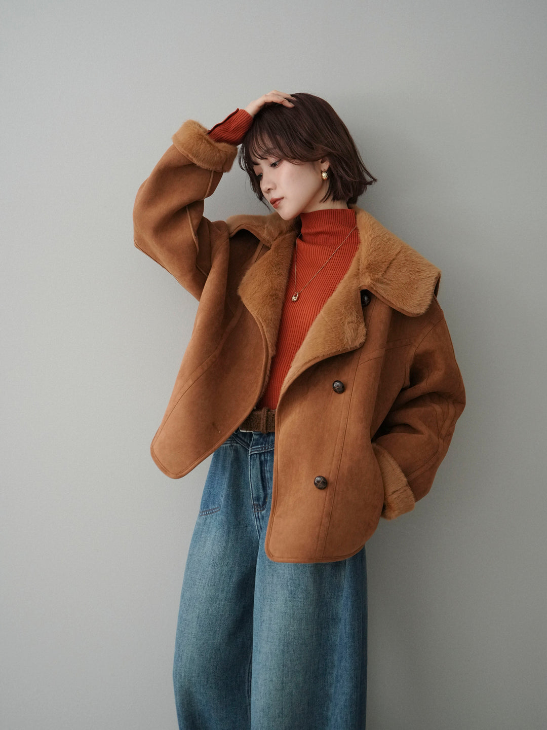 [SET]ムートンショートジャケット+ベルト付裏起毛カーブデニムパンツ(2set)