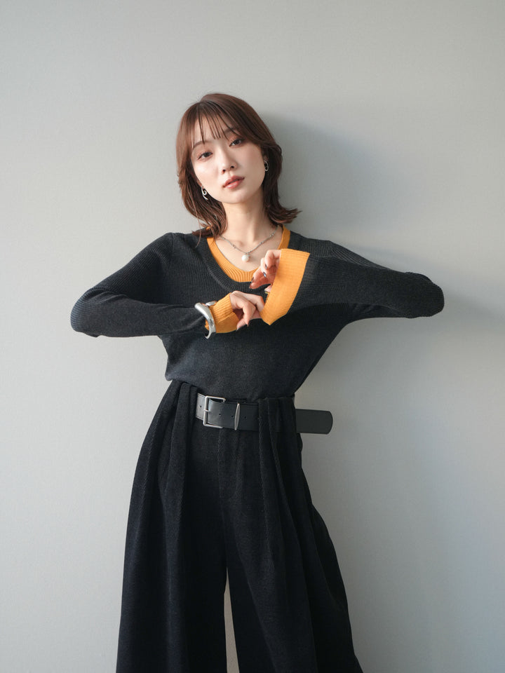 [SET]Uネック配色レイヤードリブニットトップス+Uネック配色レイヤードリブニットトップス(2set)