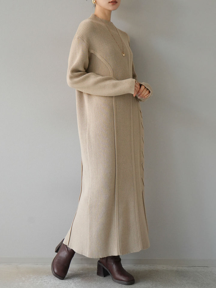 [SET] 不對稱繫帶高領針織連身裙 + 可選飾品套裝 (2套)