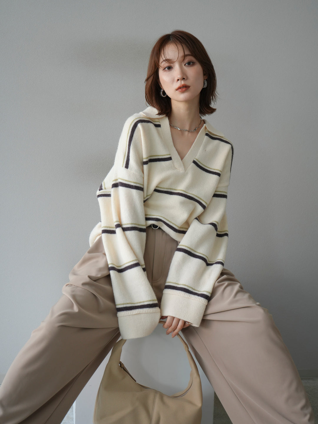 [予約]ポロ襟スキッパーボーダーニットプルオーバー/アイボリー