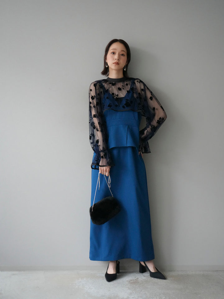 [予約]チュールフラワーフロッキーショートブラウス/ネイビー