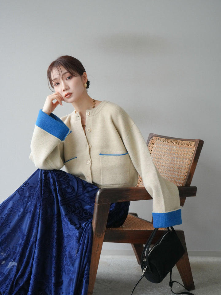 [SET]バイカラーオーバーニットカーディガン+アンティーク柄フロッキーマキシスカート(2set)