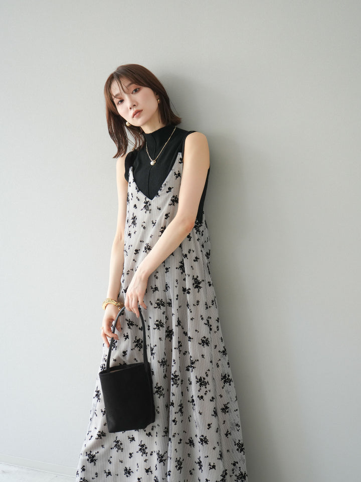 [SET]フロッキーチュールレイヤードベロアキャミワンピース+プチネックセンターシームノースリーニットトップス(2set)