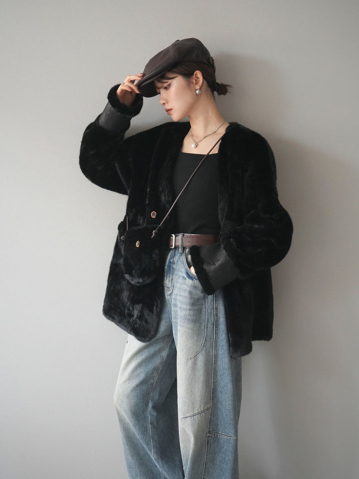 [SET]バッグ付エコファーノーカラーコート+ベルト付カーブデニムパンツ(2set)