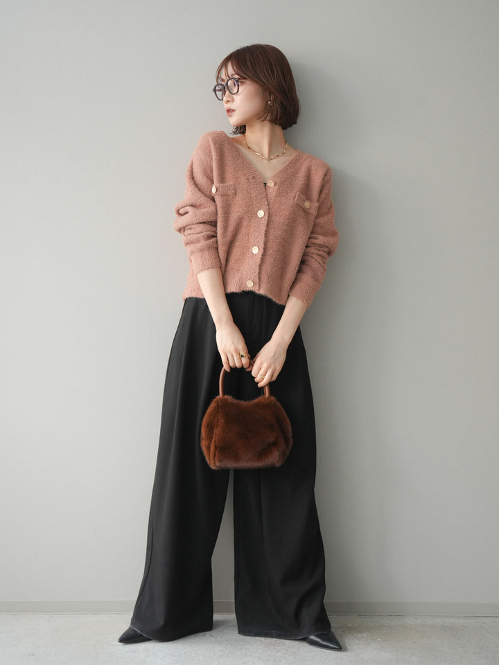 [SET]ゴールドボタンモールニットカーディガン+ベルトループデザインワイドパンツ(2set)