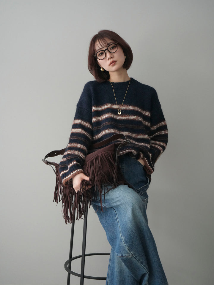 [予約]ステッチボーダーニットプルオーバー/navy