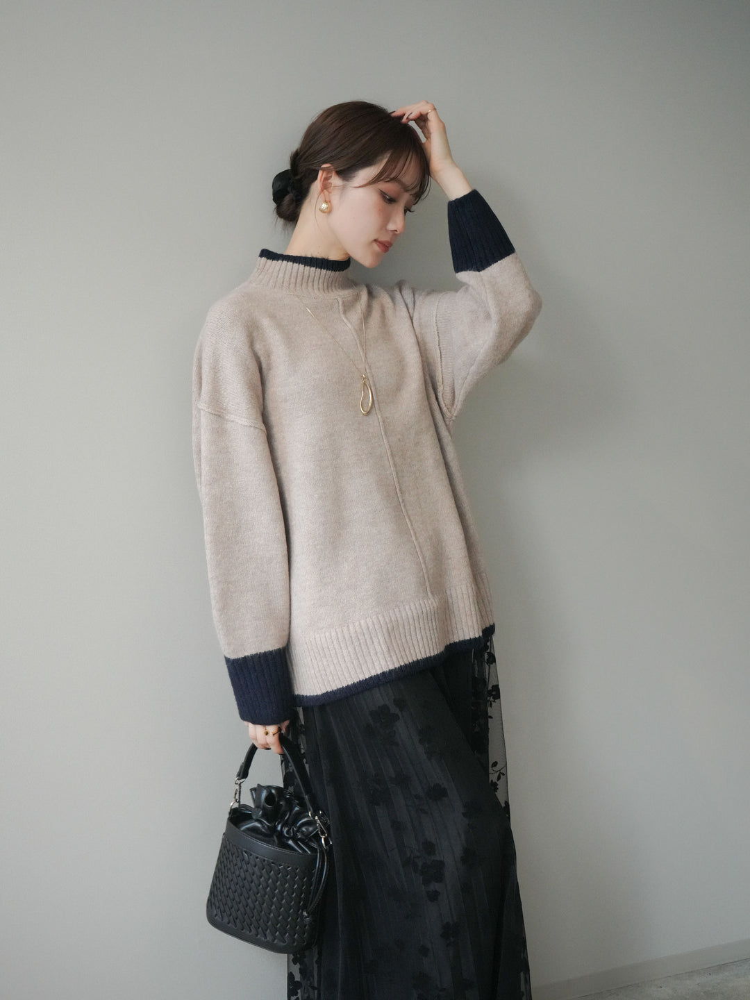 [予約]配色ハイネックニットプルオーバー/beigenavy