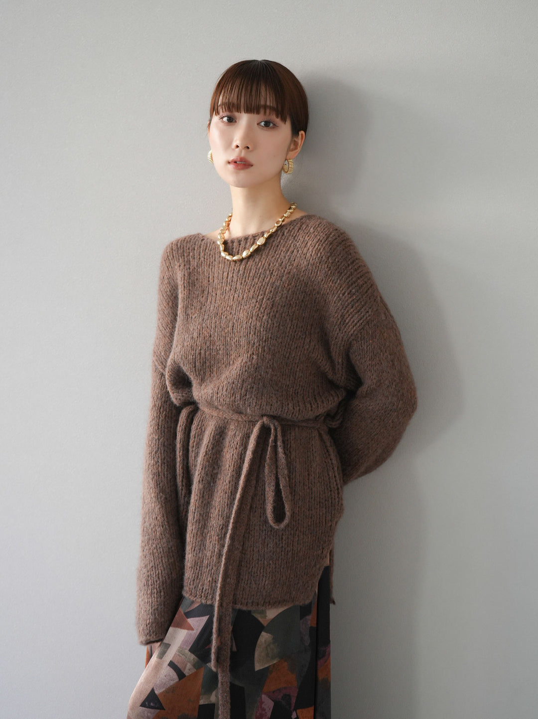 [予約]紐付きあぜ編みオーバーニットプルオーバー/ブラウン