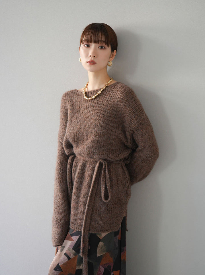 [予約]紐付きあぜ編みオーバーニットプルオーバー/ブラウン