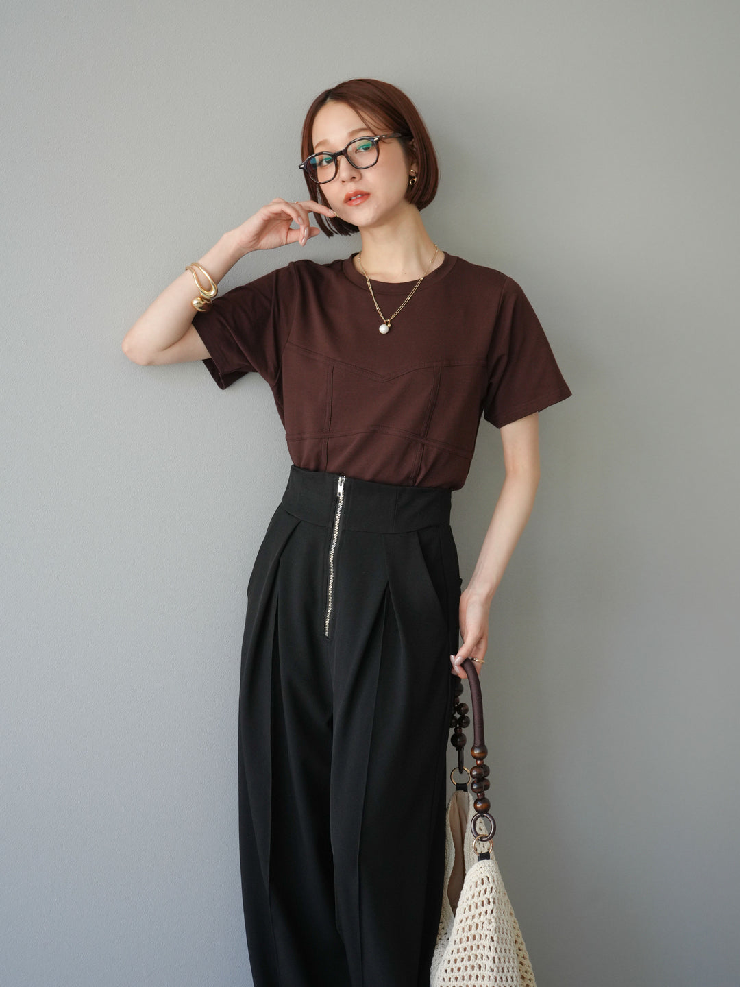 [SET]ビスチェデザインTシャツ+ジップタックワイドパンツ(2set)