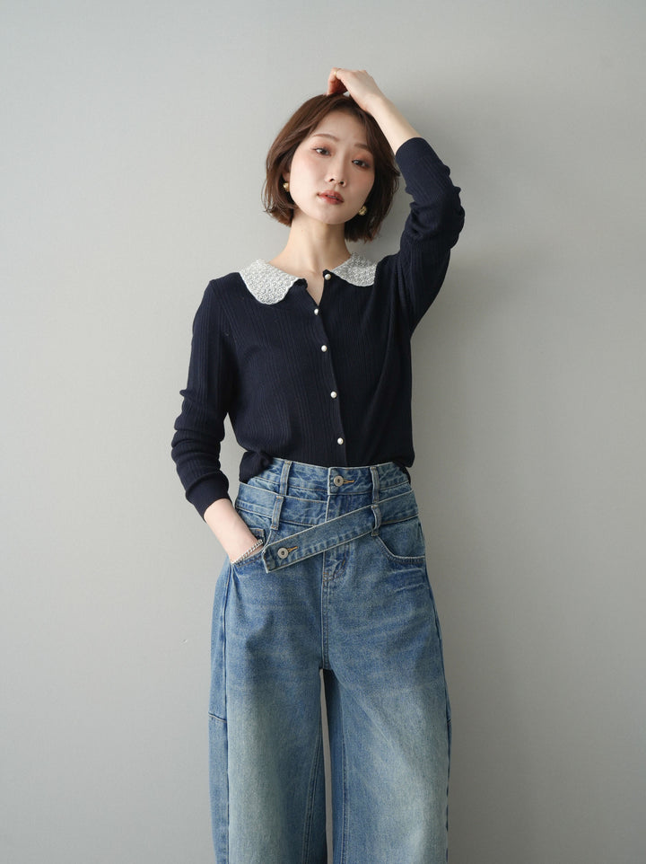 [SET]ビジュー襟パールボタンニットカーディガン+アシメデザインワイドデニムパンツ(2set)