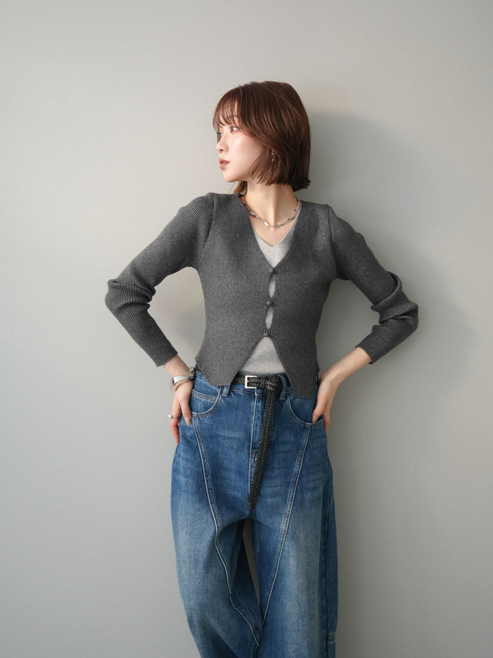 [予約]Vネック配色レイヤードスリットニットトップス/charcoal