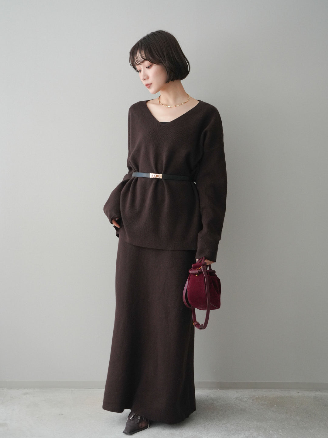 [SET]ベルト付Vネックニット＆スカートSET UP+ベルト付Vネックニット＆スカートSET UP(2set)